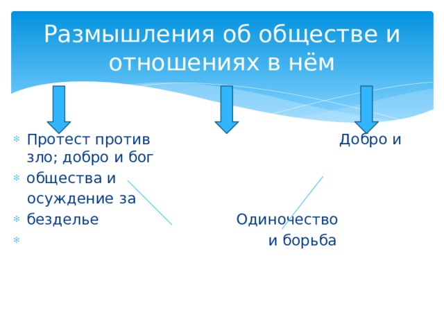 Размышления об обществе и отношениях в нём Протест против Добро и зло; добро и бог общества и  осуждение за безделье Одиночество  и борьба 