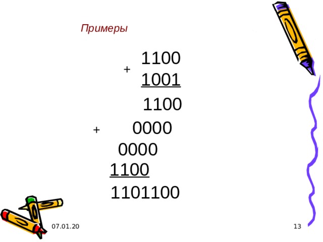 Примеры 1100 1001 + 1100 0000 + 0000 1100 1101100 07.01.20  