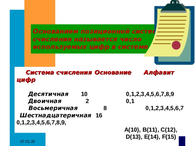Основанием позиционной системы счисления называется число используемых цифр в системе  .    Система счисления  Основание  Алфавит цифр     Десятичная    10  0,1,2,3,4,5,6,7,8,9    Двоичная   2  0,1    Восьмеричная   8  0,1,2,3,4,5,6,7    Шестнадцатеричная 16  0,1,2,3,4,5,6,7,8,9,   А(10), В(11), C(12),  D(13), E(14), F(15)    07.01.20  