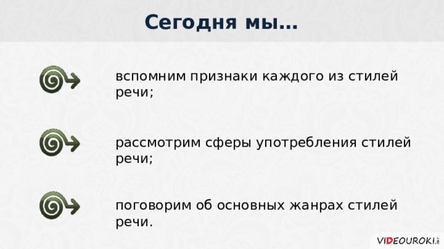 Сегодня мы… вспомним признаки каждого из стилей речи; рассмотрим сферы употребления стилей речи; поговорим об основных жанрах стилей речи .  