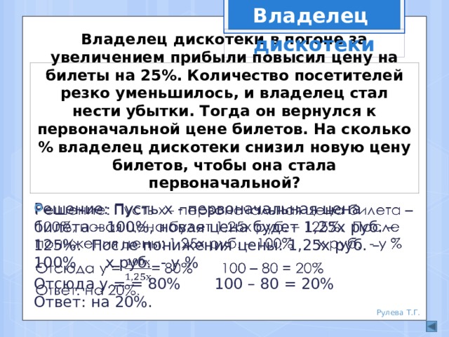 Владелец дискотеки Владелец дискотеки в погоне за увеличением прибыли повысил цену на билеты на 25%. Количество посетителей резко уменьшилось, и владелец стал нести убытки. Тогда он вернулся к первоначальной цене билетов. На сколько % владелец дискотеки снизил новую цену билетов, чтобы она стала первоначальной? Решение: Пусть х - первоначальная цена билета – 100%, новая цена будет 1,25х руб. – 125%. После понижения цены: 1,25х руб. – 100% х руб. - у %   Отсюда у = = 80% 100 – 80 = 20% Ответ: на 20%. Рулева Т.Г. 