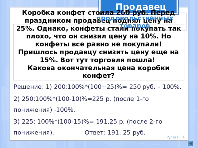 Продавец продовольственных товаров Коробка конфет стоила 200 руб. Перед праздником продавец поднял цену на 25%. Однако, конфеты стали покупать так плохо, что он снизил цену на 10%. Но конфеты все равно не покупали! Пришлось продавцу снизить цену еще на 15%. Вот тут торговля пошла!  Какова окончательная цена коробки конфет? Решение: 1) 200:100%*(100+25)%= 250 руб. – 100%. 2) 250:100%*(100-10)%=225 р. (после 1-го понижения) -100%. 3) 225: 100%*(100-15)%= 191,25 р. (после 2-го понижения). Ответ: 191, 25 руб. Рулева Т.Г. 