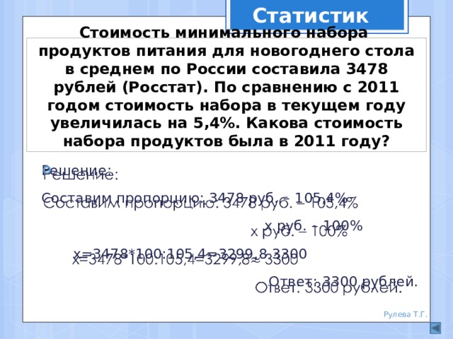 Статистик Стоимость минимального набора продуктов питания для новогоднего стола в среднем по России составила 3478 рублей (Росстат). По сравнению с 2011 годом стоимость набора в текущем году увеличилась на 5,4%. Какова стоимость набора продуктов была в 2011 году? Решение:   Составим пропорцию: 3478 руб. – 105,4%  х руб. – 100%  х=3478*100:105,4=3299,8 3300  Ответ: 3300 рублей. Рулева Т.Г. 