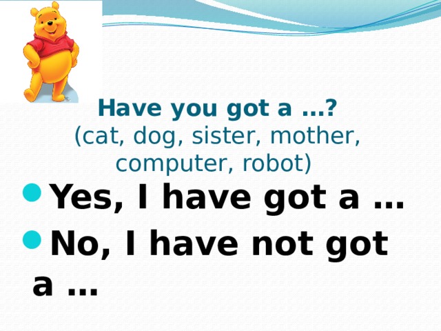 Have you got a …?  (cat, dog, sister, mother, computer, robot) Yes, I have got a … No, I have not got a …  