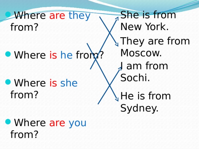 She is from New York. Where are  they from? Where is  he from? Where is  she from? Where are  you from? They are from Moscow. I am from Sochi. He is from Sydney. 