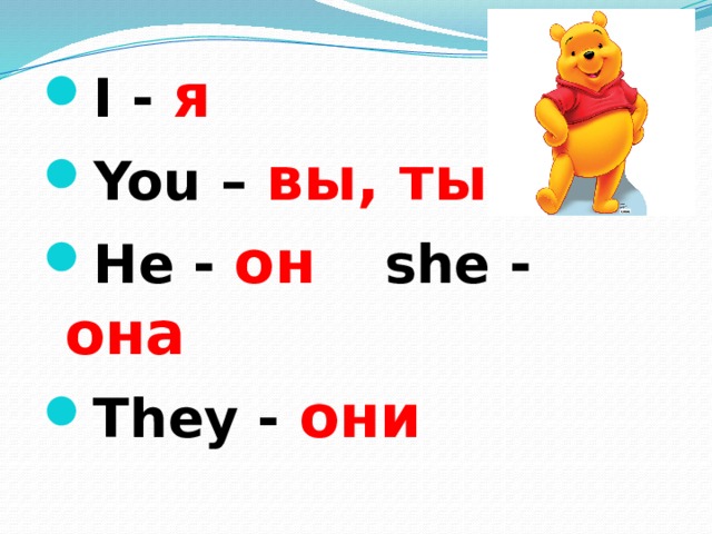 I - я You – вы, ты He - он   she - она They - они 