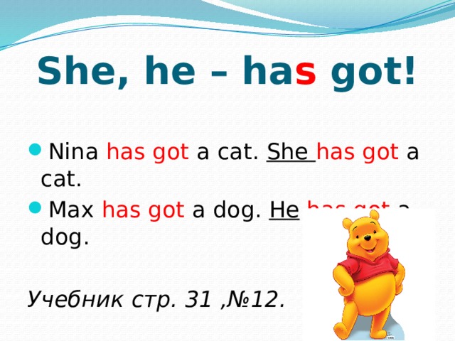 She, he – ha s got! Nina has got a cat. She has got a cat. Max has got a dog. He  has got a dog. Учебник стр. 31 ,№12. 