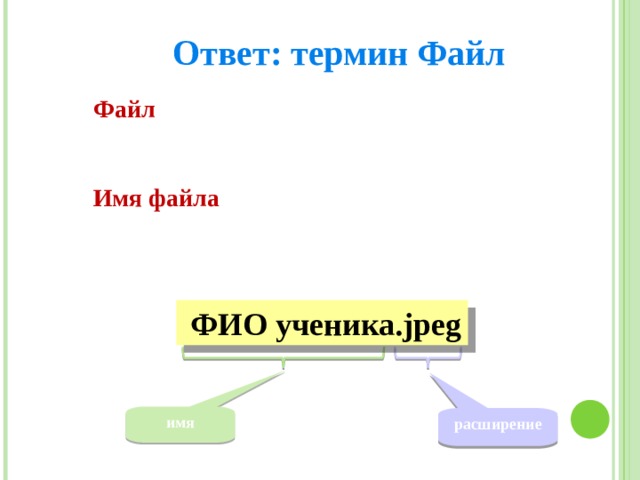 Ответ: термин Файл   Файл – это информация, хранящаяся на внешнем носителе и объединенная общим именем.    Имя файла состоит из двух частей: имени и расширения,  разделенных между собой «точкой».   Определения  Пример :  ФИО ученика .jpeg имя расширение