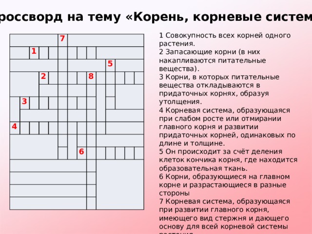 Составить кроссворд по теме растения. Корневая система кроссворд. Кросфордина тему корень. Кроссворд по теме корень 6 класс биология. Кроссворд на тему корень растения.