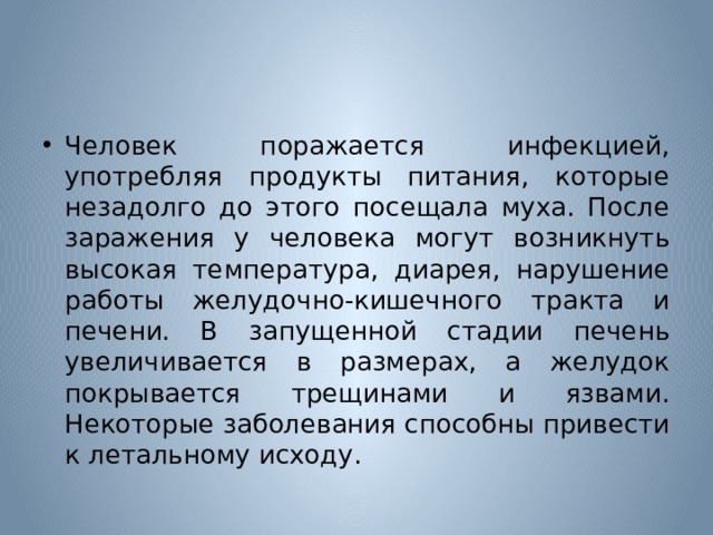 Человек поражается инфекцией, употребляя продукты питания, которые незадолго до этого посещала муха. После заражения у человека могут возникнуть высокая температура, диарея, нарушение работы желудочно-кишечного тракта и печени. В запущенной стадии печень увеличивается в размерах, а желудок покрывается трещинами и язвами. Некоторые заболевания способны привести к летальному исходу. 