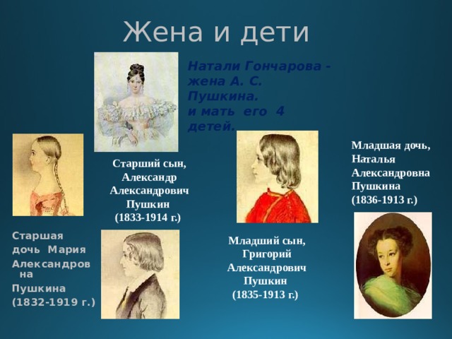 Жена и дети Натали Гончарова - жена А. С. Пушкина. и мать его 4 детей. Младшая дочь, Наталья Александровна Пушкина  (1836-1913 г.)  Старший сын, Александр Александрович Пушкин  (1833-1914 г.)  Старшая дочь Мария Александровна Пушкина (1832-1919 г.)  Младший сын, Григорий Александрович Пушкин  (1835-1913 г.)  