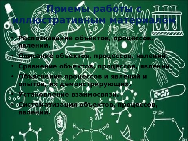 Приемы работы с иллюстративным материалом Распознавание объектов, процессов, явлений. Описание объектов, процессов, явлений. Сравнение объектов, процессов, явлений. Объяснение процессов и явлений и опытов, их демонстрирующих. Установление взаимосвязи. Систематизация объектов, процессов, явлений. 