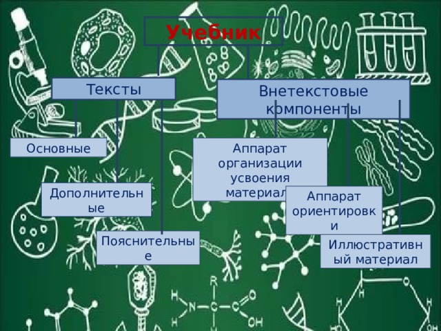 Учебник Тексты Внетекстовые компоненты Аппарат организации усвоения материала Основные Дополнительные Аппарат ориентировки Пояснительные Иллюстративный материал 