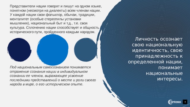 Представители нации говорят и пишут на одном языке, понятном (несмотря на диалекты) всем членам нации. У каждой нации свои фольклор, обычаи, традиции, менталитет (особые стереотипы установки мышления), национальный быт и т.д., т.е. своя культура. Сплочению нации способствует и общность исторического пути, пройденного каждым народом.   Личность осознает свою национальную идентичность, свою принадлежность к определенной нации, понимает национальные интересы.   Под национальным самосознанием понимается отражение сознания нации в индивидуальном сознании ее членов, выражающее усвоение последними представлений о месте и роли своего народа в мире, о его историческом опыте. 1 1 