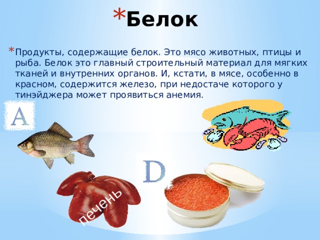 печень Белок Продукты, содержащие белок. Это мясо животных, птицы и рыба. Белок это главный строительный материал для мягких тканей и внутренних органов. И, кстати, в мясе, особенно в красном, содержится железо, при недостаче которого у тинэйджера может проявиться анемия. 