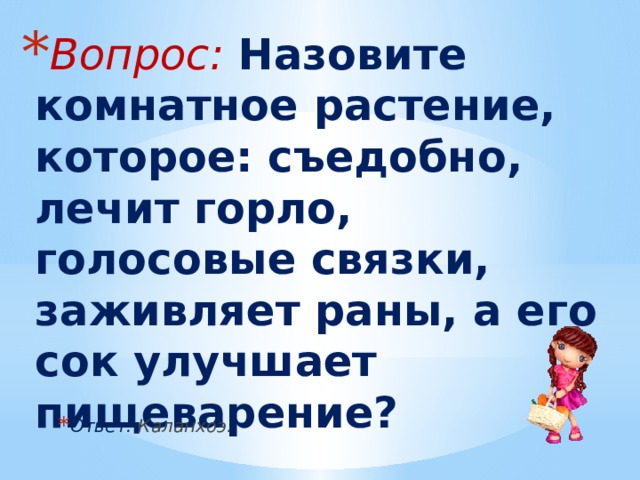 Вопрос: Назовите комнатное растение, которое: съедобно, лечит горло, голосовые связки, заживляет раны, а его сок улучшает пищеварение? Ответ: Каланхоэ. 