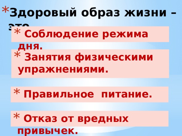 Здоровый образ жизни – это…  Соблюдение режима дня.  Занятия физическими упражнениями.  Правильное питание.  Отказ от вредных привычек. 