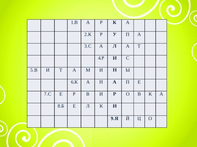 1.В А 5.В 2.К И Р 3.С К Т Р А 7.С А У А П М Л Е 4.Р 6.К А А И И 8.Б А Р Т В Н Н Е С Л А И Ы Р К П Е О И В 9.Я К Й Ц А О 1. В А 5. В И Р 2. К К Р Т 3. С А А А 7. С У Л 4. Р П М 6. К Е И А Р И А 8. Б А Т С Н Е Н В И Ы Л А Р К П О И Е В 9. Я К Й А Ц О 
