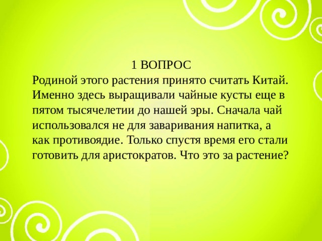 1 ВОПРОС Родиной этого растения принято считать Китай. Именно здесь выращивали чайные кусты еще в пятом тысячелетии до нашей эры. Сначала чай использовался не для заваривания напитка, а как противоядие. Только спустя время его стали готовить для аристократов. Что это за растение? 