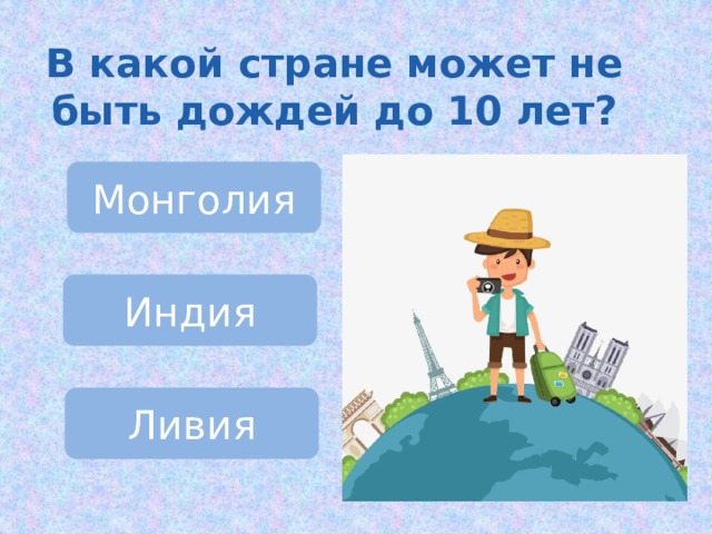 В какой стране может не быть дождей до 10 лет? Монголия Индия Ливия 