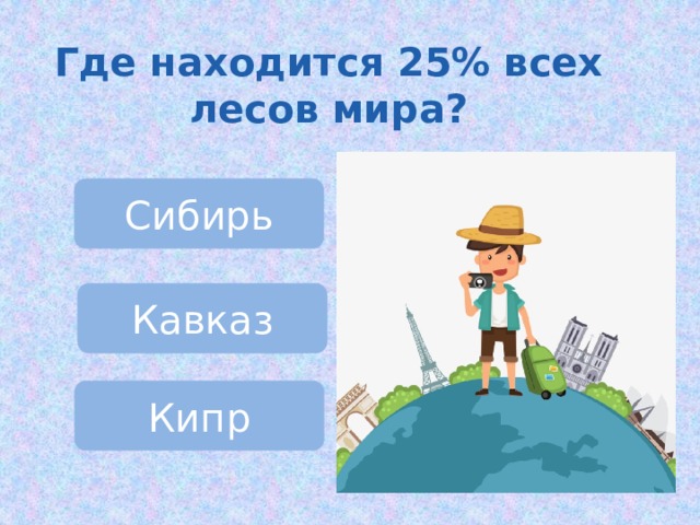 Где находится 25% всех лесов мира? Сибирь Кавказ Кипр 