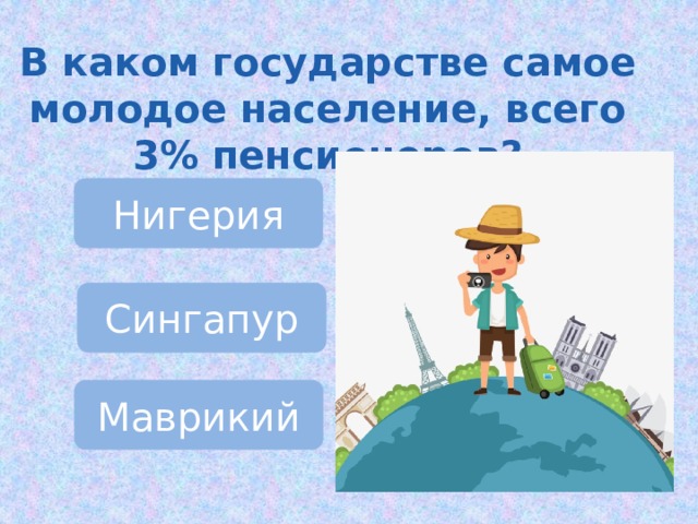 В каком государстве самое молодое население, всего 3% пенсионеров? Нигерия Сингапур Маврикий 