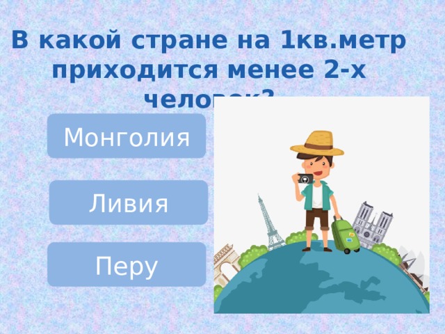 В какой стране на 1кв.метр приходится менее 2-х человек? Монголия Ливия Перу 