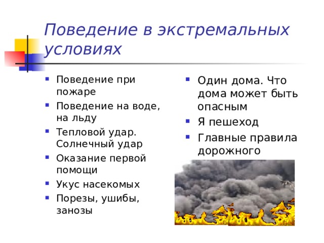 Поведение в экстремальных условиях Поведение при пожаре Поведение на воде, на льду Тепловой удар. Солнечный удар Оказание первой помощи Укус насекомых Порезы, ушибы, занозы  Один дома. Что дома может быть опасным Я пешеход Главные правила дорожного движения  