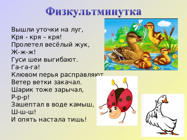 Вышли уточки на луг, Кря - кря – кря! Пролетел весёлый жук, Ж-ж-ж! Гуси шеи выгибают. Га-га-га! Клювом перья расправляют. Ветер ветки закачал. Шарик тоже зарычал, Р-р-р! Зашептал в воде камыш, Ш-ш-ш! И опять настала тишь! 