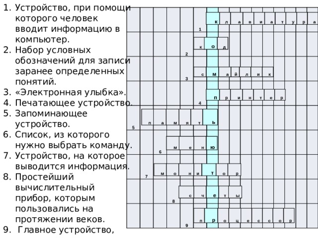 Устройство, при помощи которого человек вводит информацию в компьютер. Набор условных обозначений для записи заранее определенных понятий. «Электронная улыбка». Печатающее устройство. Запоминающее устройство. Список, из которого нужно выбрать команду. Устройство, на которое выводится информация. Простейший вычислительный прибор, которым пользовались на протяжении веков.  Главное устройство, «мозг» компьютера, который управляет всеми устройствами компьютера и выполняет вычисления. 5 1   2   3     7 6           4                               8                   9                                                   к л а в и а т у р а к о д с м а й л и к п р и н т е р п а м я т ь м е н ю м о н и т о р с ч е т ы п р о ц е с с о р 