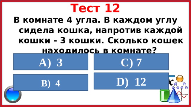 Тест 12 В комнате 4 угла. В каждом углу сидела кошка, напротив каждой кошки - 3 кошки. Сколько кошек находилось в комнате? A) 3  C) 7  D) 12  B) 4  