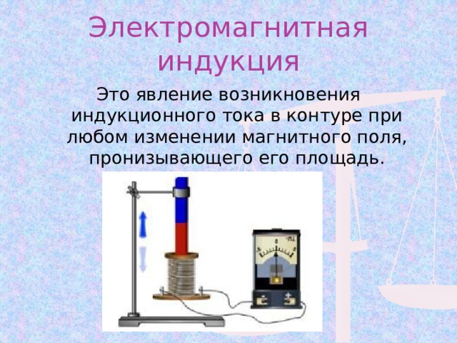 Электромагнитная индукция Это явление возникновения индукционного тока в контуре при любом изменении магнитного поля, пронизывающего его площадь.