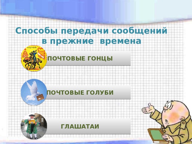 ПОЧТОВЫЕ ГОНЦЫ ПОЧТОВЫЕ ГОЛУБИ ГЛАШАТАИ Способы передачи сообщений в прежние времена 