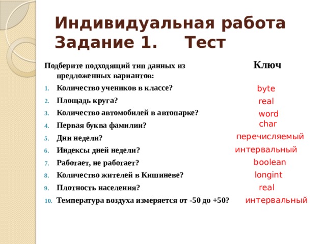 Индивидуальная работа  Задание 1.   Тест Ключ Подберите подходящий тип данных из предложенных вариантов: Количество учеников в классе? Площадь круга? Количество автомобилей в автопарке? Первая буква фамилии? Дни недели? Индексы дней недели? Работает, не работает? Количество жителей в Кишиневе? Плотность населения? Температура воздуха измеряется от -50 до +50?   byte real word char перечисляемый интервальный boolean longint real интервальный 