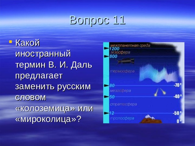 Вопрос 11 Какой иностранный термин В. И. Даль предлагает заменить русским словом «колоземица» или «мироколица»? 
