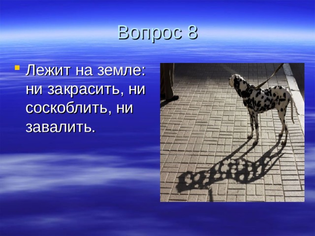 Вопрос 8 Лежит на земле: ни закрасить, ни соскоблить, ни завалить. 