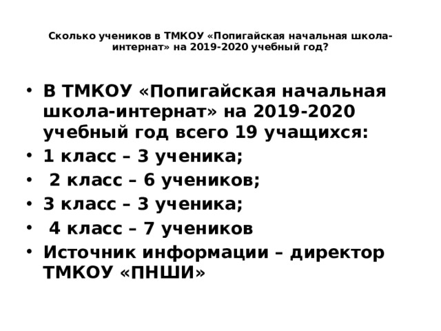  Сколько учеников в ТМКОУ «Попигайская начальная школа-интернат» на 2019-2020 учебный год?   В ТМКОУ «Попигайская начальная школа-интернат» на 2019-2020 учебный год всего 19 учащихся: 1 класс – 3 ученика;  2 класс – 6 учеников; 3 класс – 3 ученика;  4 класс – 7 учеников Источник информации – директор ТМКОУ «ПНШИ» 