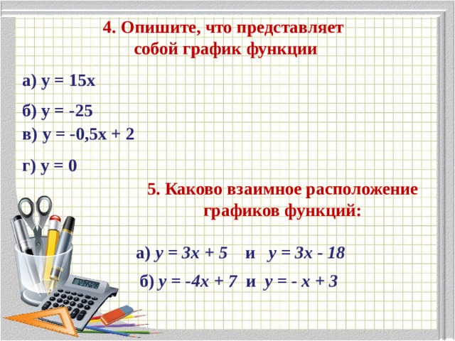 4. Опишите, что представляет собой график функции а) у = 15х  б) у = -25 в) у = -0,5х + 2 г) у = 0 5. Каково взаимное расположение графиков функций:  а) у = 3х + 5 и у = 3х - 18 б) у = -4х + 7 и у = - х + 3