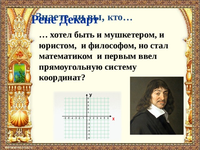 Знаете ли вы, кто… Рене Декарт … хотел быть и мушкетером, и юристом, и философом, но стал математиком и первым ввел прямоугольную систему координат? 