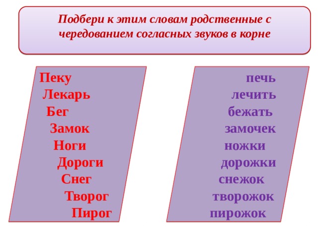 Подбери к этим словам родственные с чередованием согласных звуков в корне Пеку  печь  Лекарь  лечить  бежать  Бег  Замок  замочек  Ноги  ножки  Дороги  дорожки  Снег  снежок  Творог  творожок пирожок  Пирог 