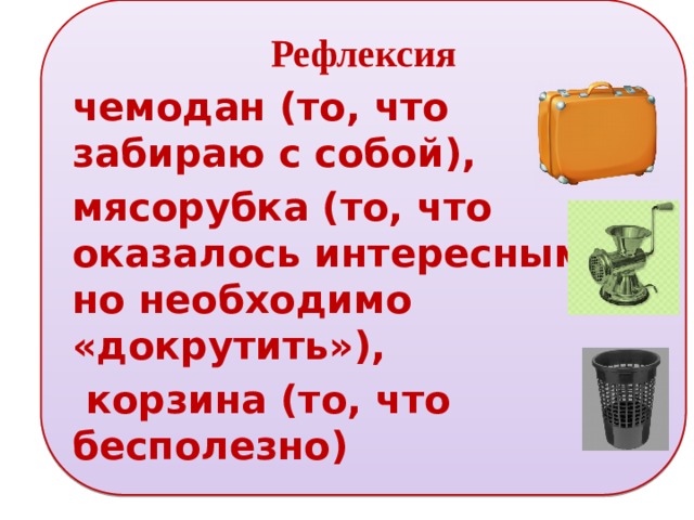 Рефлексия чемодан (то, что забираю с собой), мясорубка (то, что оказалось интересным, но необходимо «докрутить»),  корзина (то, что бесполезно)   
