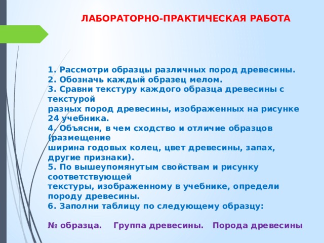 ЛАБОРАТОРНО-ПРАКТИЧЕСКАЯ РАБОТА 1. Рассмотри образцы различных пород древесины. 2. Обозначь каждый образец мелом. 3. Сравни текстуру каждого образца древесины с текстурой разных пород древесины, изображенных на рисунке 24 учебника. 4. Объясни, в чем сходство и отличие образцов (размещение ширина годовых колец, цвет древесины, запах, другие признаки). 5. По вышеупомянутым свойствам и рисунку соответствующей текстуры, изображенному в учебнике, определи породу древесины. 6. Заполни таблицу по следующему образцу:  № образца. Группа древесины. Порода древесины 