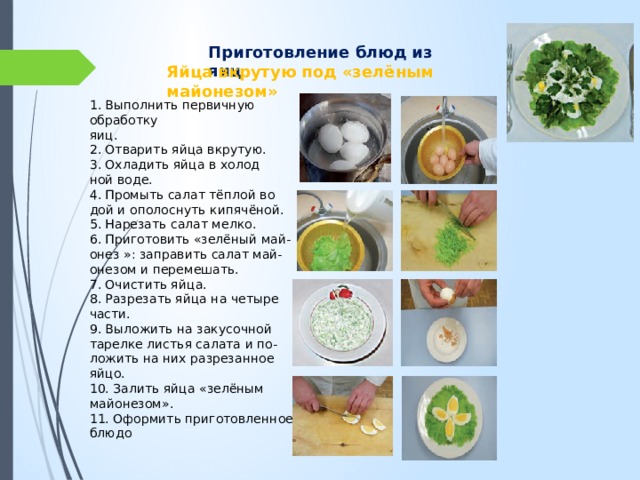 Приготовление блюд из яиц Яйца вкрутую под «зелёным майонезом» 1. Выполнить первичную обработку яиц. 2. Отварить яйца вкрутую. 3. Охладить яйца в холод ной воде. 4. Промыть салат тёплой во дой и ополоснуть кипячёной. 5. Нарезать салат мелко. 6. Приготовить «зелёный май- онез »: заправить салат май- онезом и перемешать. 7. Очистить яйца. 8. Разрезать яйца на четыре части. 9. Выложить на закусочной тарелке листья салата и по- ложить на них разрезанное яйцо. 10. Залить яйца «зелёным майонезом». 11. Оформить приготовленное блюдо  