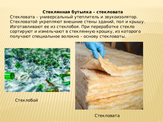  Стеклянная бутылка – стекловата Стекловата ­– универсальный утеплитель и звукоизолятор. Стекловатой укрепляют внешние стены зданий, пол и крышу. Изготавливают ее из стеклобоя. При переработке стекло сортируют и измельчают в стеклянную крошку, из которого получают специальное волокно – основу стекловаты. Стеклобой Стекловата 