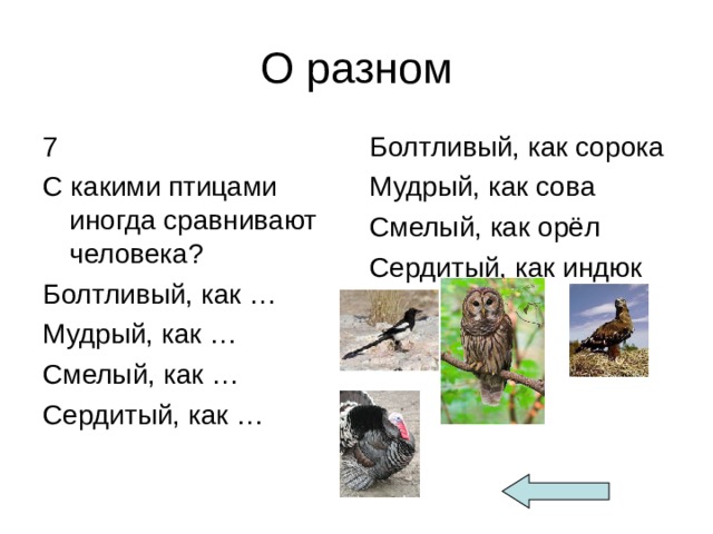 О разном 7 С какими птицами иногда сравнивают человека? Болтливый, как … Мудрый, как … Смелый, как … Сердитый, как … Болтливый, как сорока Мудрый, как сова Смелый, как орёл Сердитый, как индюк 