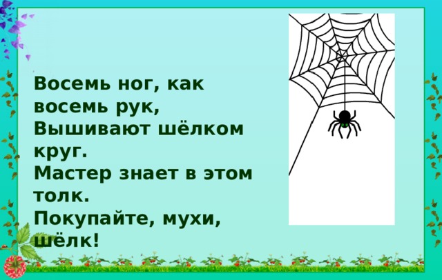 Восемь ног, как восемь рук, Вышивают шёлком круг. Мастер знает в этом толк. Покупайте, мухи, шёлк! 