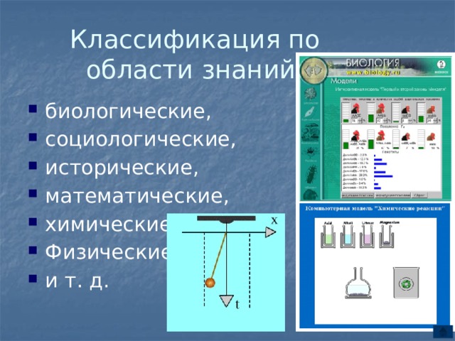 Классификация по области знаний биологические, социологические, исторические, математические, химические Физические и т. д. 