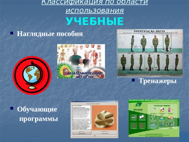 Классификация по области использования  УЧЕБНЫЕ Наглядные пособия     Тренажеры   Обучающие  программы  