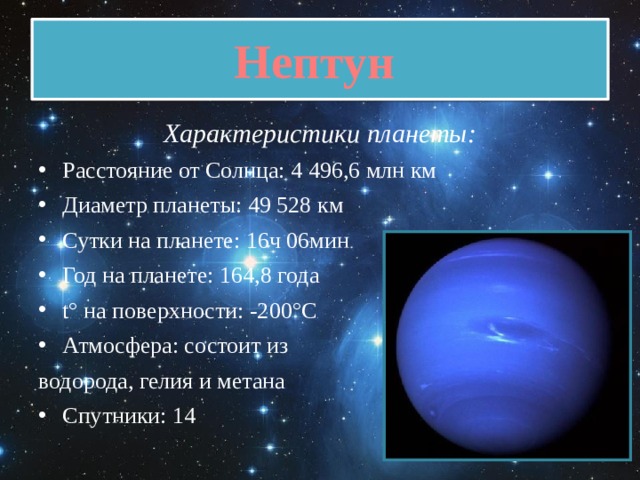 Нептун Характеристики планеты: Расстояние от Солнца: 4 496,6 млн км Диаметр планеты: 49 528 км Сутки на планете: 16ч 06мин Год на планете: 164,8 года t° на поверхности: -200°C Атмосфера: состоит из водорода, гелия и метана Спутники: 14  