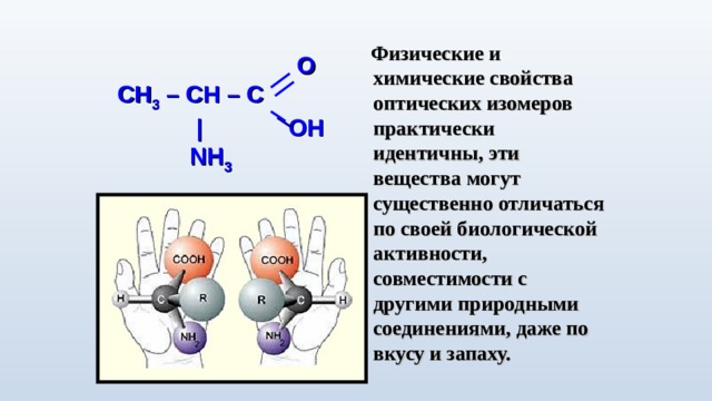  Физические и химические свойства оптических изомеров практически идентичны, эти вещества могут существенно отличаться по своей биологической активности, совместимости с другими природными соединениями, даже по вкусу и запаху.     O CH 3 – C H – C   | OH  NH 3 